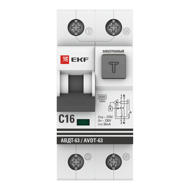 Выключатель автоматический дифференциального тока 2п C 16А 30мА тип A 6кА АВДТ-63 2мод. электрон. PROxima EKF DA63-16-30e