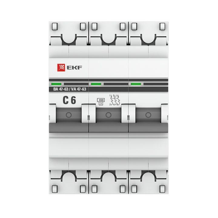 Выключатель автоматический модульный 3п C 6А 4.5кА ВА 47-63 PROxima EKF mcb4763-3-06C-pro
