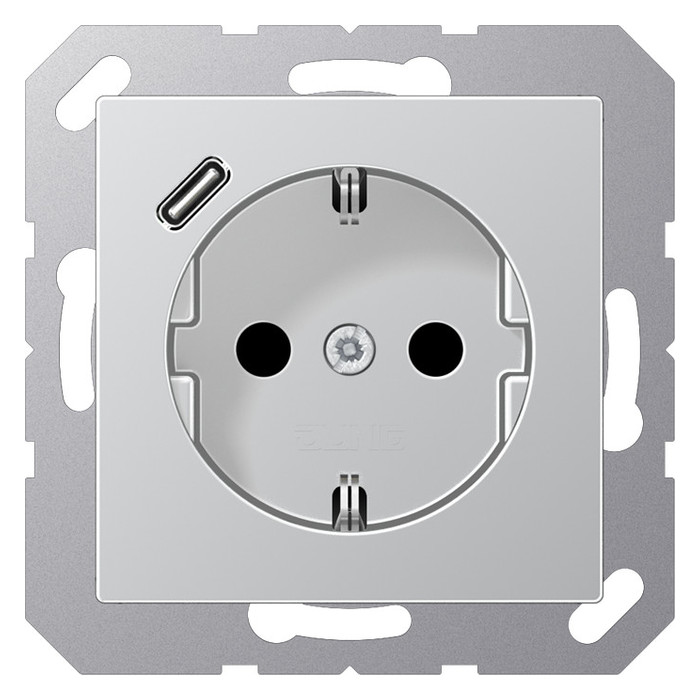 Розетка с USB Jung A 500, скрытый монтаж, с заземлением, алюминий, A1520-18CAL